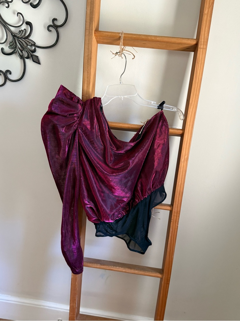 DO+BE Iridescent Magenta One-Shoulder Bodysuit with Black Accents